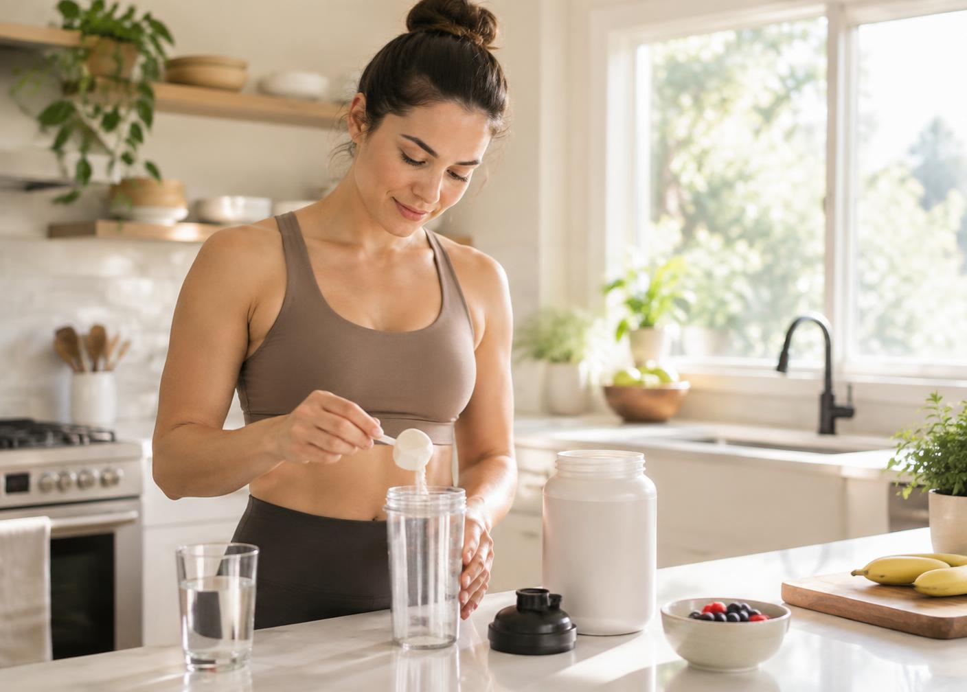 Adult preparing a daily wellness routine in a bright modern kitchen